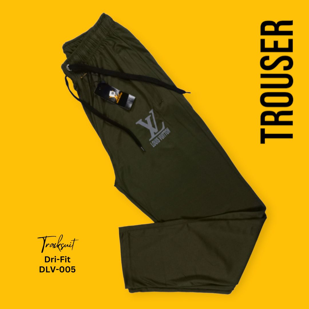 Army Green Men's premium dri-fit tracksuit with round neck and half sleeves. Tape to fasten trousers at waist. Loose-fitting. Zipper pockets. Perfect for workouts and casual wear.