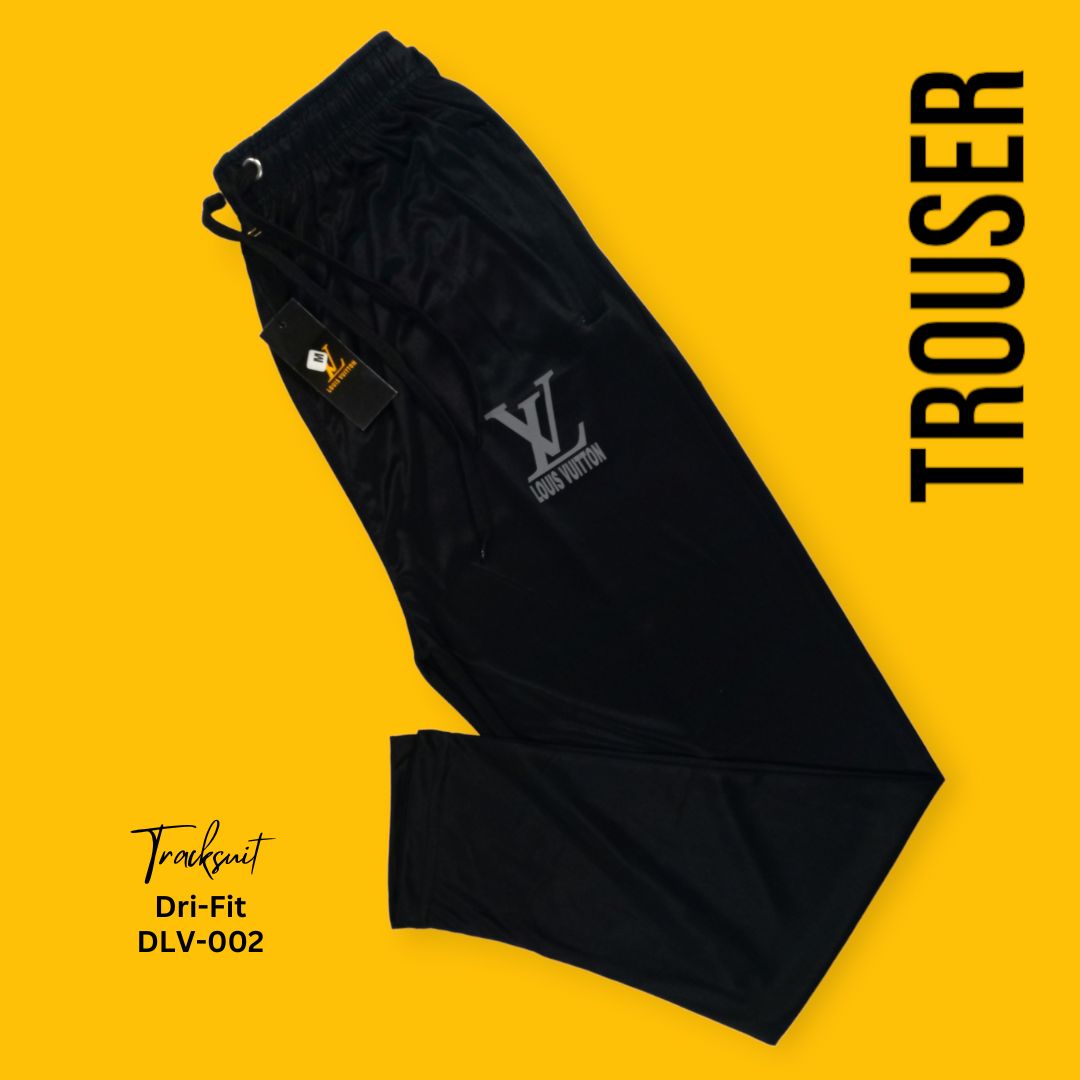 Black Men's premium dri-fit tracksuit with round neck and half sleeves. Tape to fasten trousers at waist. Loose-fitting. Zipper pockets. Perfect for workouts and casual wear.