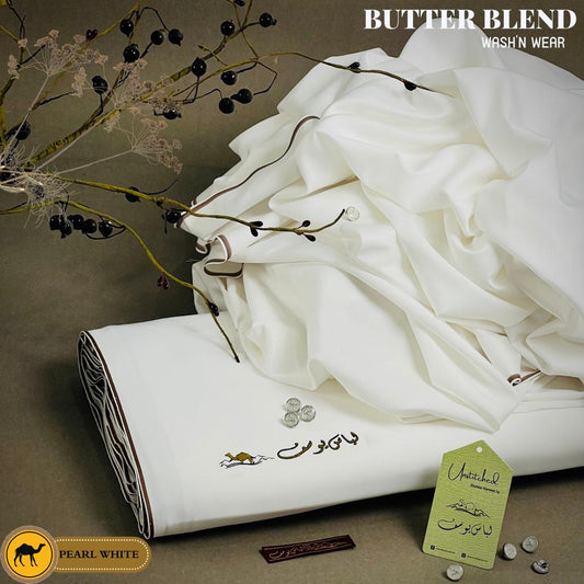 Libas-e-Yousaf Butter Blend fabric for all seasons. Premium quality wash and wear Boski fabric with silky soft feel. Silk less, luxurious and comfortable. 4 meters long and 52 inches wide. Comes with branded packaging and accessories. Available online at best price in Pakistan.