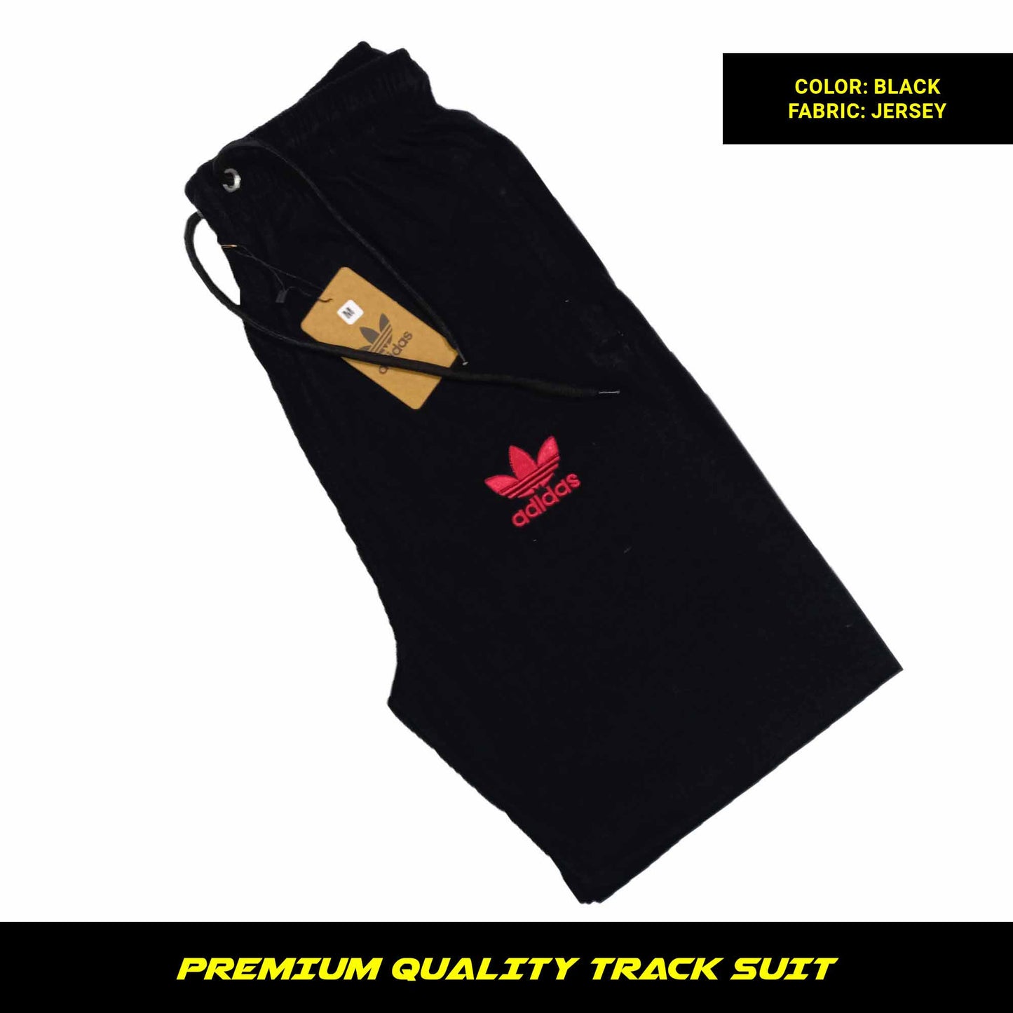 Black men's premium jersey tracksuit with round neck and half sleeves. Tape to fasten trousers at waist. Loose-fitting. Zipper pockets. Perfect for workouts and casual wear.