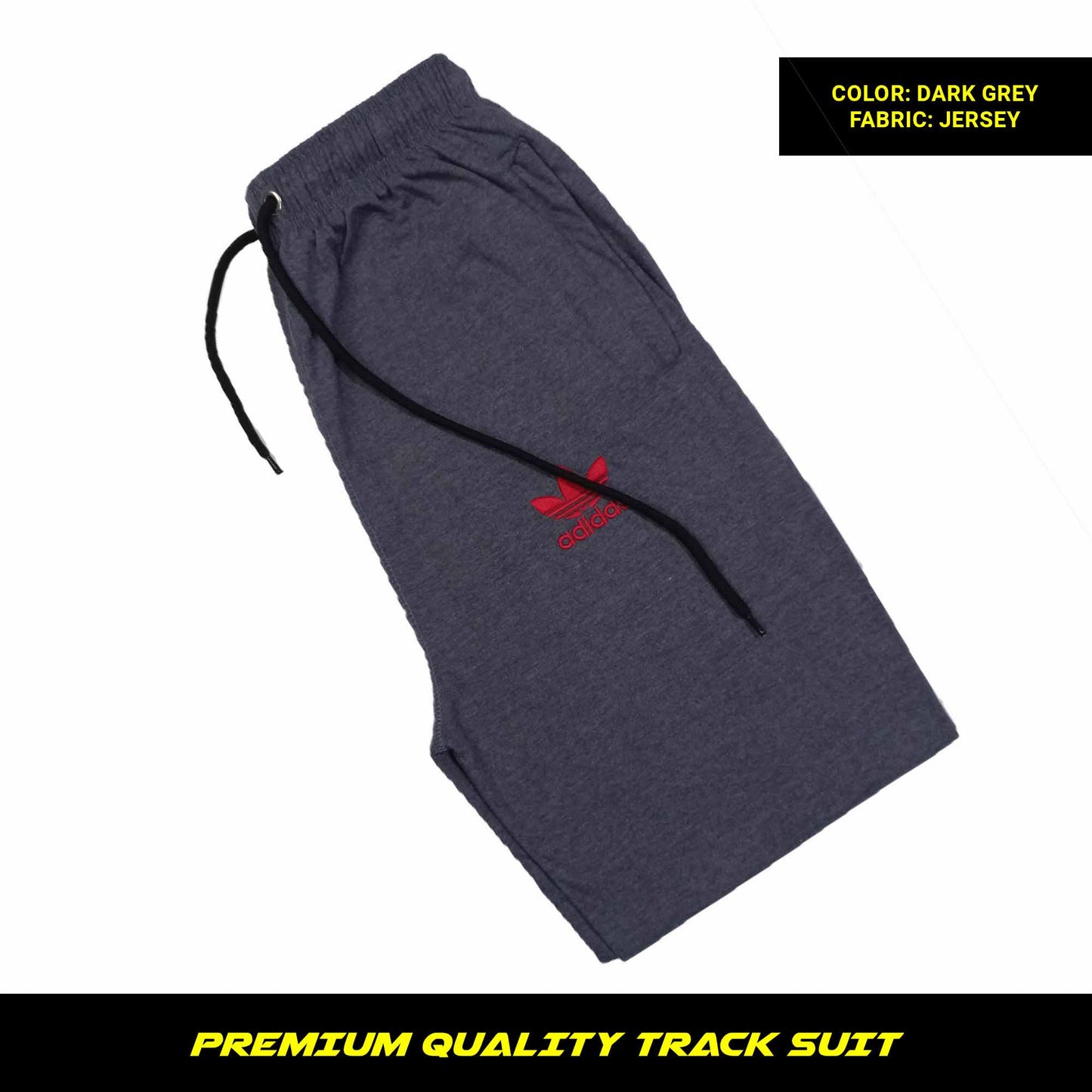 Dark Gray men's premium jersey tracksuit with round neck and half sleeves. Tape to fasten trousers at waist. Loose-fitting. Zipper pockets. Perfect for workouts and casual wear.