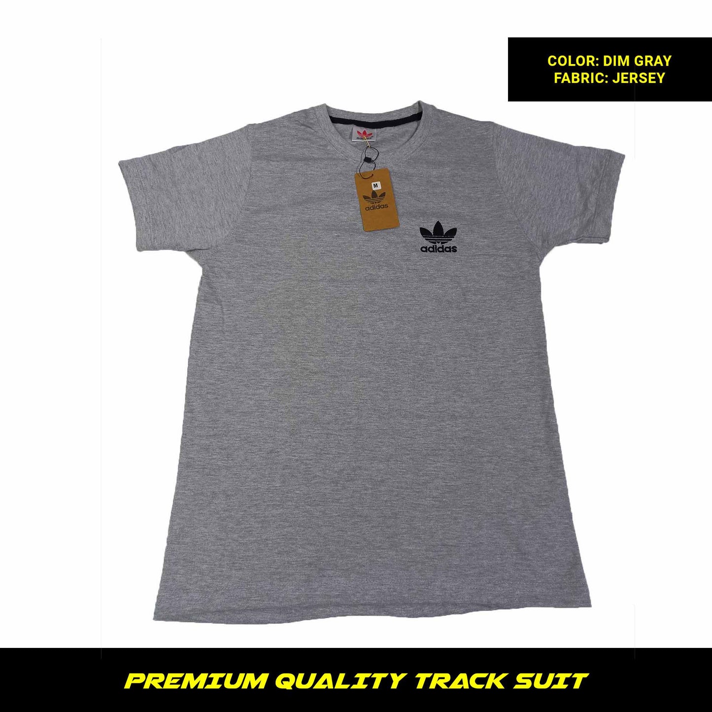 Dim Gray men's premium jersey tracksuit with round neck and half sleeves. Loose-fitting. Zipper pockets. Perfect for workouts and casual wear.