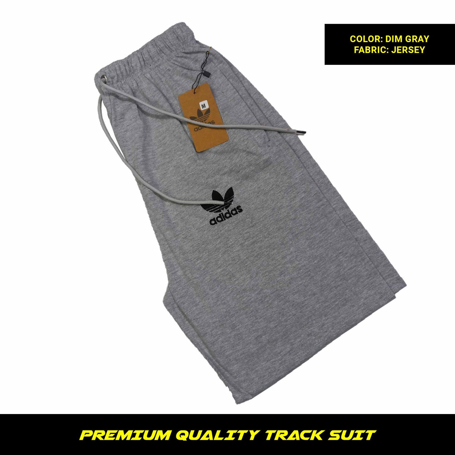 Dim Gray men's premium jersey tracksuit with round neck and half sleeves. Tape to fasten trousers at waist. Loose-fitting. Zipper pockets. Perfect for workouts and casual wear.