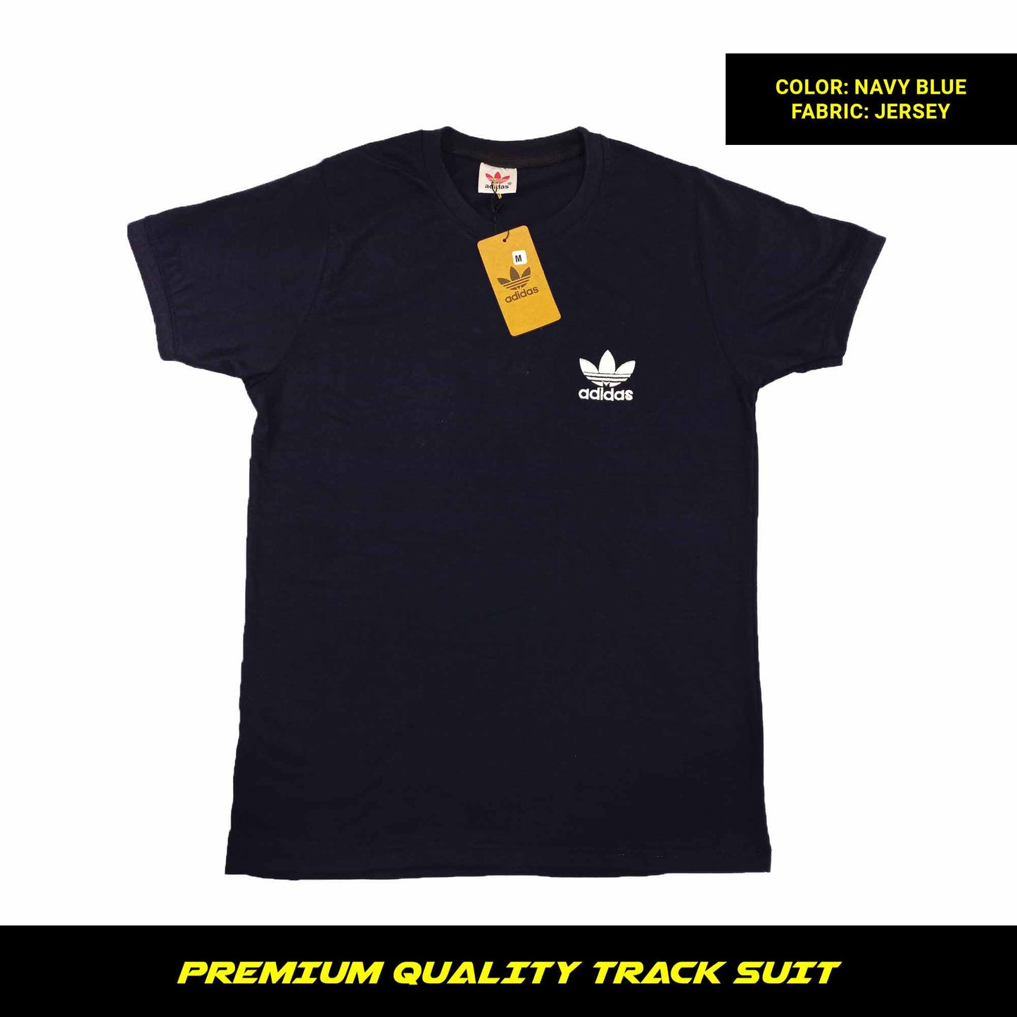 Navy Blue men's premium jersey tracksuit with round neck and half sleeves. Loose-fitting. Zipper pockets. Perfect for workouts and casual wear.