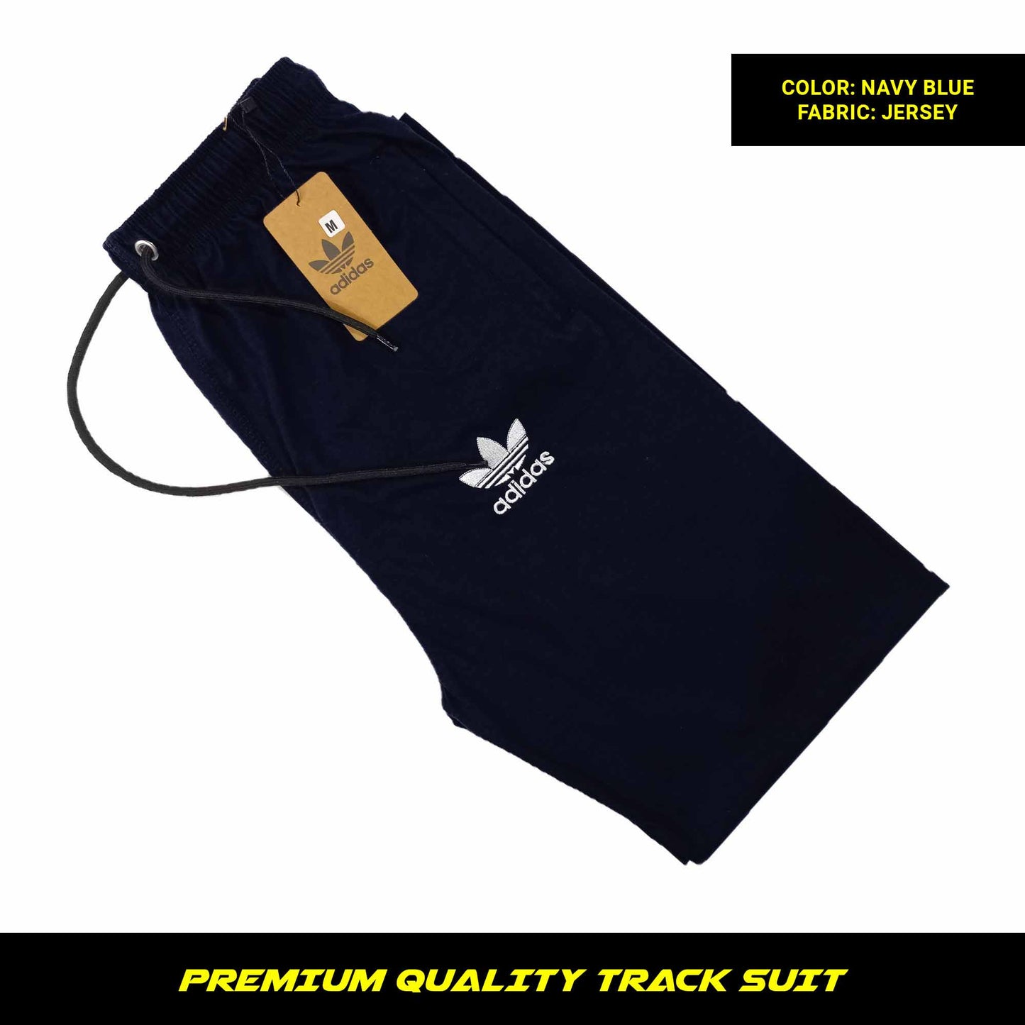 Navy Blue men's premium jersey tracksuit with round neck and half sleeves. Tape to fasten trousers at waist. Loose-fitting. Zipper pockets. Perfect for workouts and casual wear.