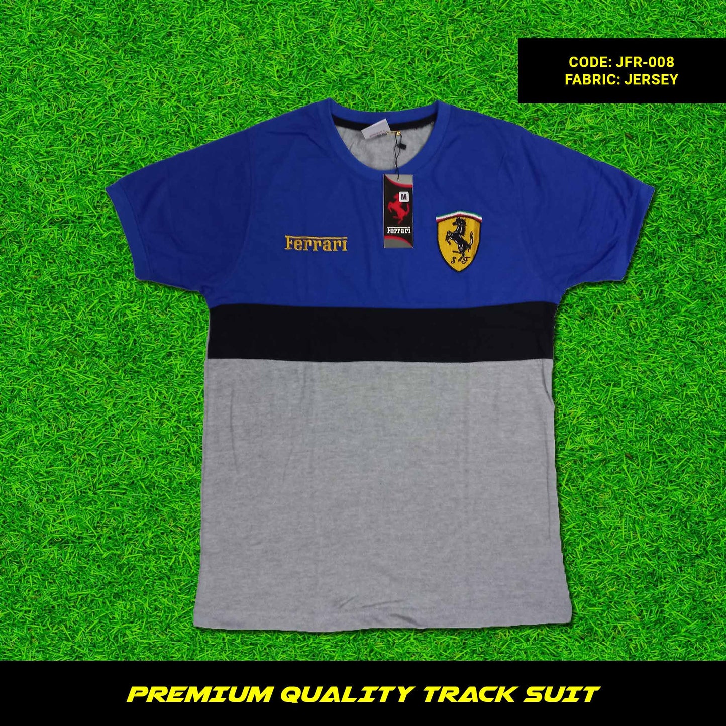 Men's premium jersey tracksuit with round neck and half sleeves. Loose-fitting. Zipper pockets. Perfect for workouts and casual wear.
