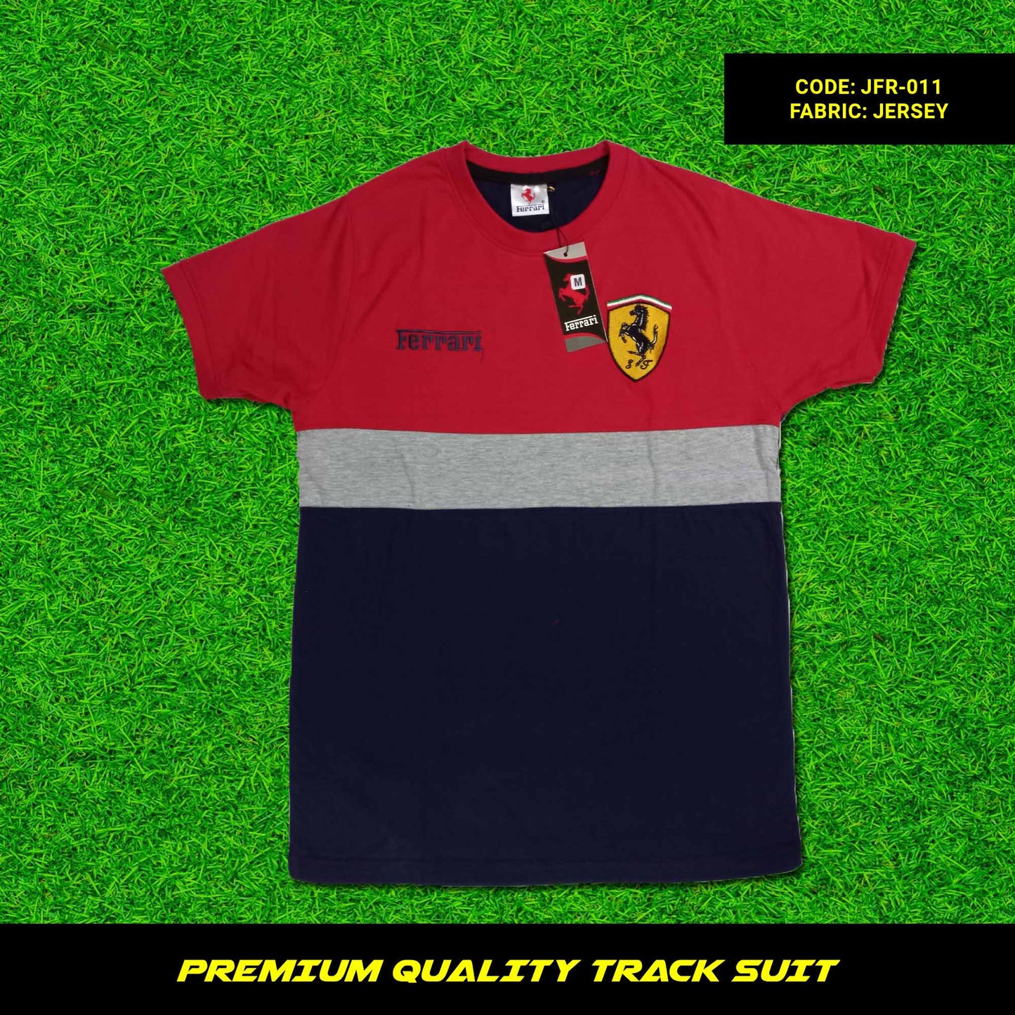 Men's premium jersey tracksuit with round neck and half sleeves. Loose-fitting. Zipper pockets. Perfect for workouts and casual wear.