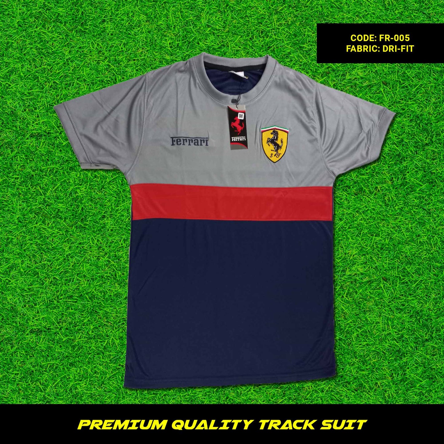 Men's premium dri-fit tracksuit with round neck and half sleeves. Loose-fitting. Zipper pockets. Perfect for workouts and casual wear.