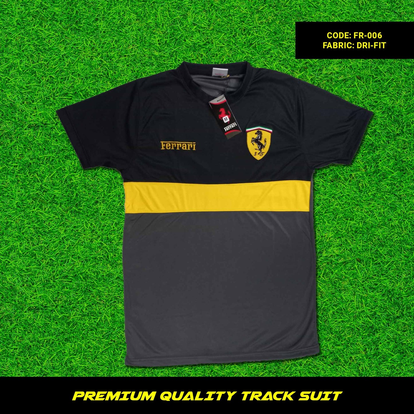 Men's premium dri-fit tracksuit with round neck and half sleeves. Loose-fitting. Zipper pockets. Perfect for workouts and casual wear.