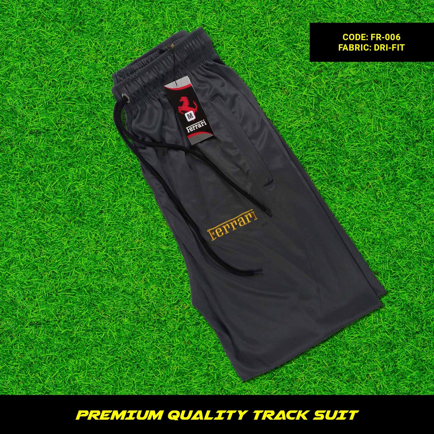 Men's premium dri-fit tracksuit with round neck and half sleeves. Tape to fasten trousers at waist. Loose-fitting. Zipper pockets. Perfect for workouts and casual wear.