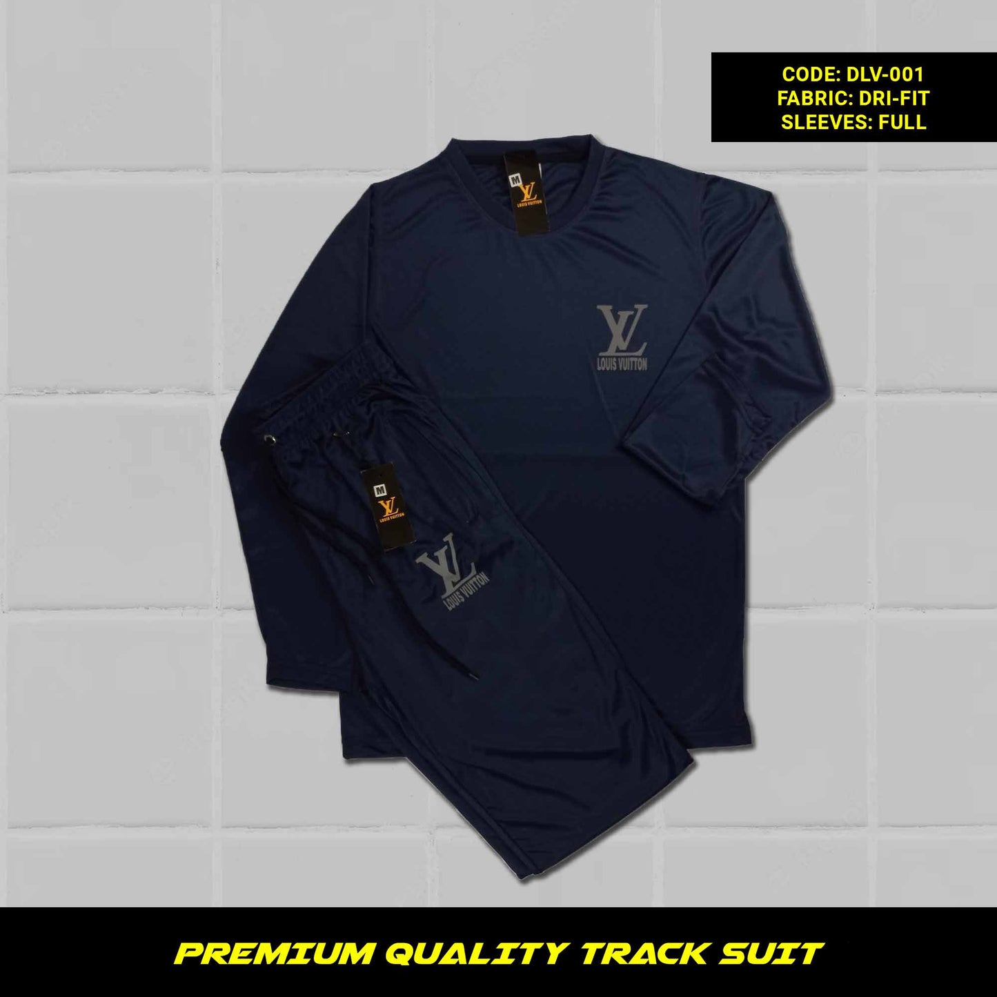 Close-up of the fabric of a navy blue men's premium dri-fit tracksuit. Soft, breathable, and moisture-wicking fabric. Perfect for workouts and casual wear.
