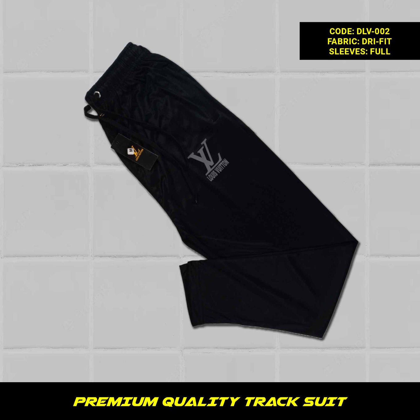 Black Men's premium dri-fit tracksuit with round neck and half sleeves. Tape to fasten trousers at waist. Loose-fitting. Zipper pockets. Perfect for workouts and casual wear.