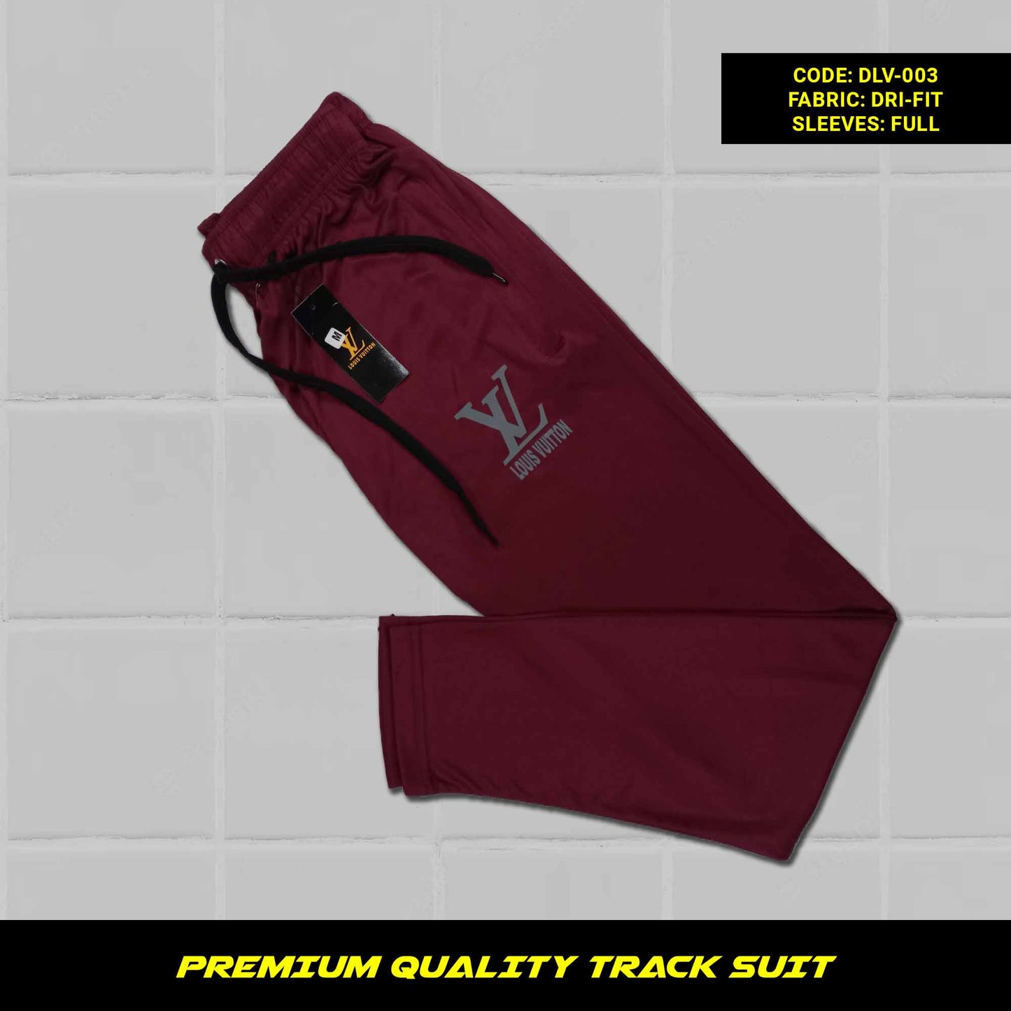 Maroon Men's premium dri-fit tracksuit with round neck and half sleeves. Tape to fasten trousers at waist. Loose-fitting. Zipper pockets. Perfect for workouts and casual wear.
