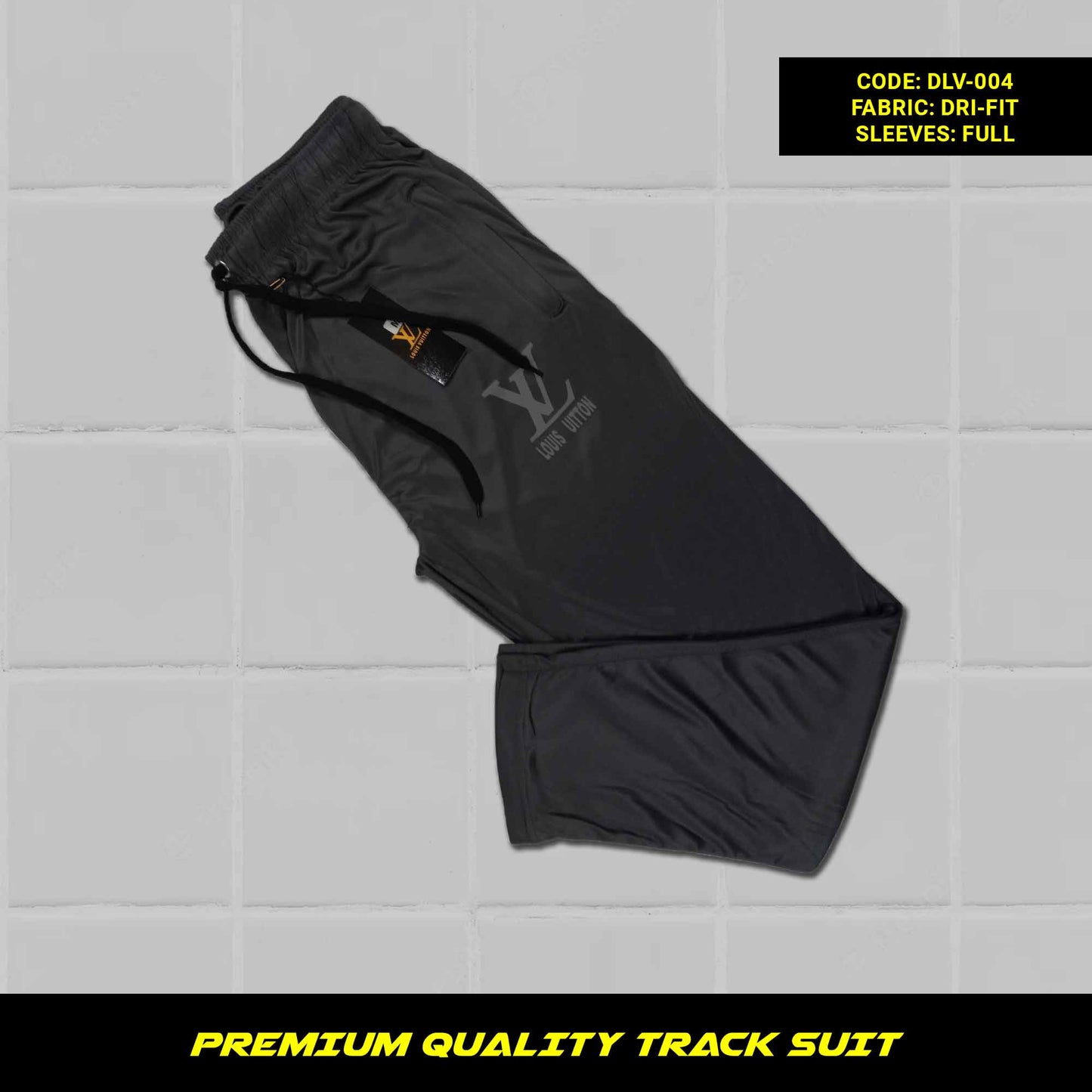 Gray Men's premium dri-fit tracksuit with round neck and half sleeves. Tape to fasten trousers at waist. Loose-fitting. Zipper pockets. Perfect for workouts and casual wear.