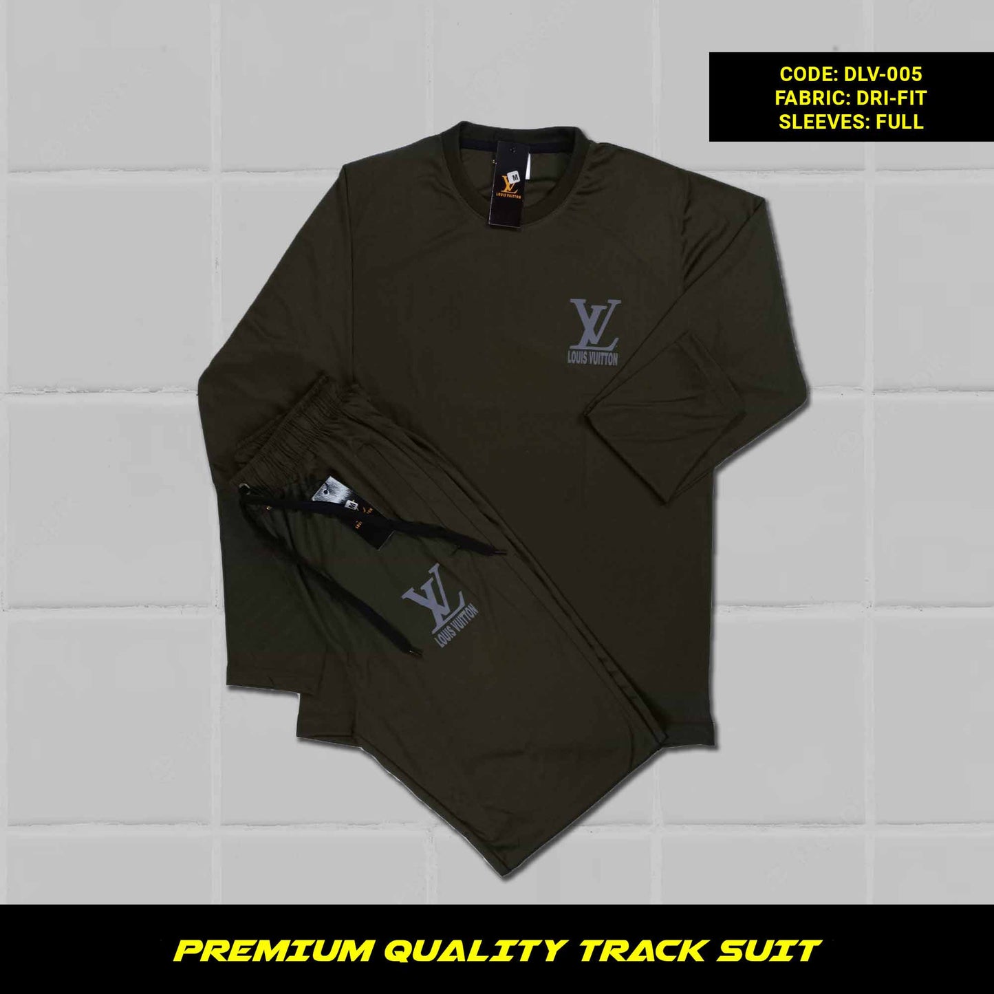 Close-up of the fabric of a Army Green men's premium dri-fit tracksuit. Soft, breathable, and moisture-wicking fabric. Perfect for workouts and casual wear.