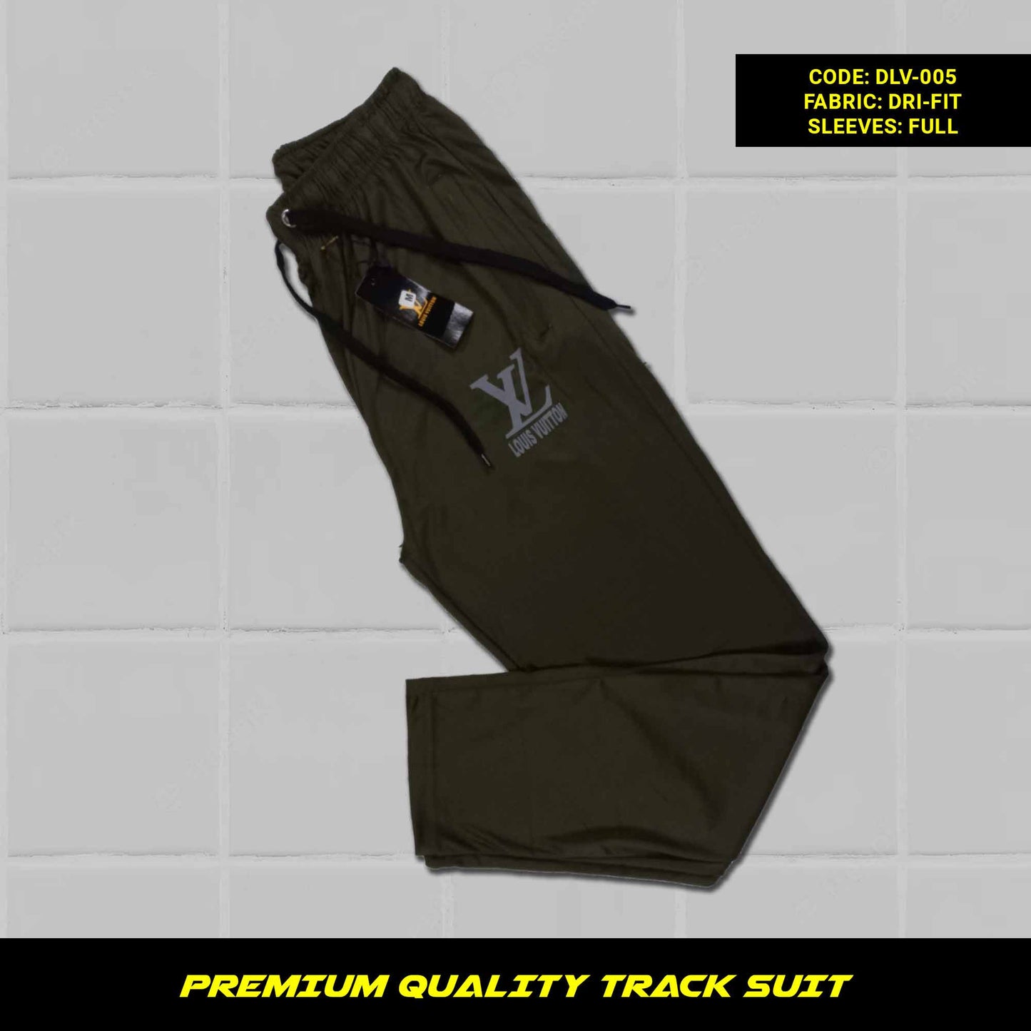 Army Green Men's premium dri-fit tracksuit with round neck and half sleeves. Tape to fasten trousers at waist. Loose-fitting. Zipper pockets. Perfect for workouts and casual wear.