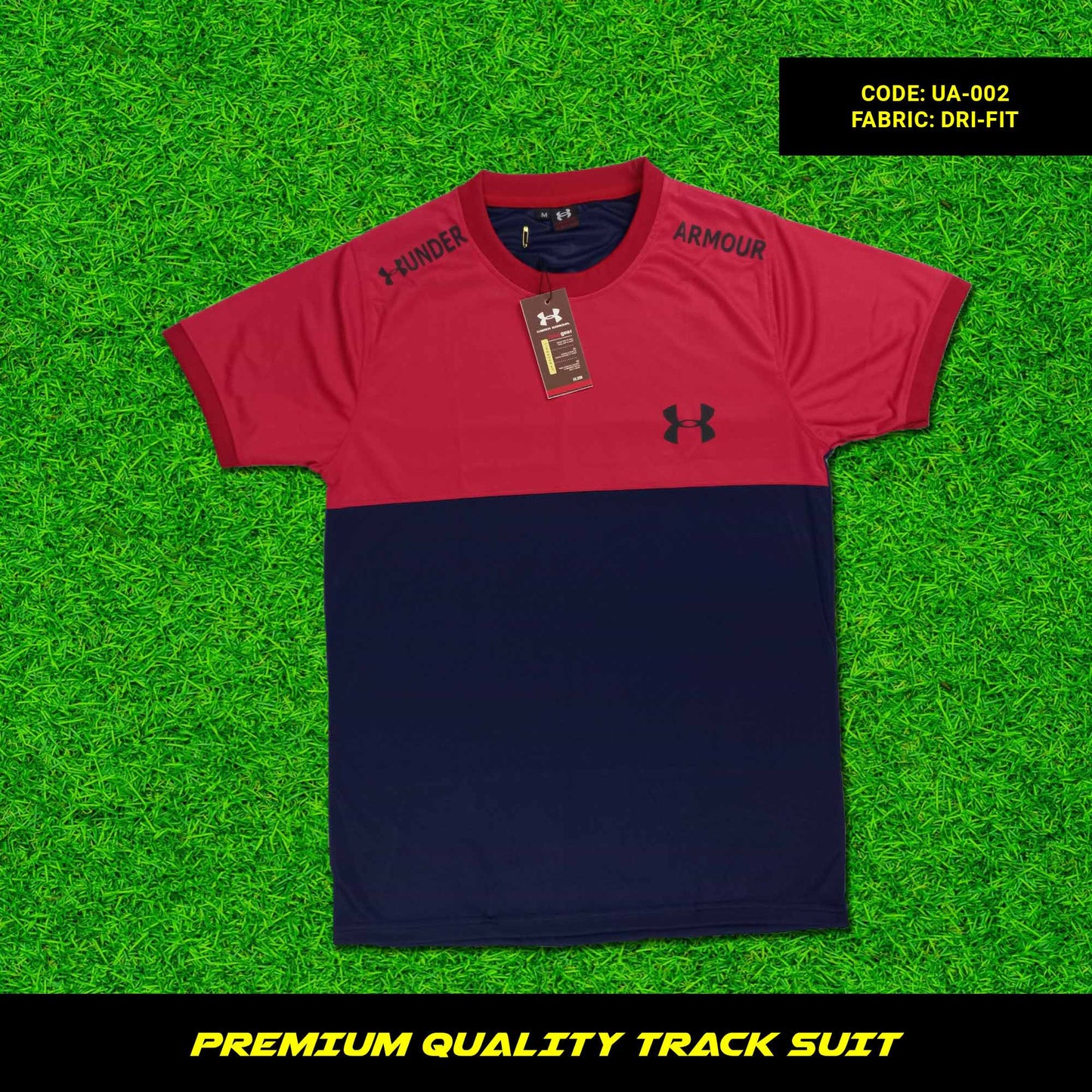 Men's premium dri-fit tracksuit with round neck and half sleeves. Loose-fitting. Zipper pockets. Perfect for workouts and casual wear.