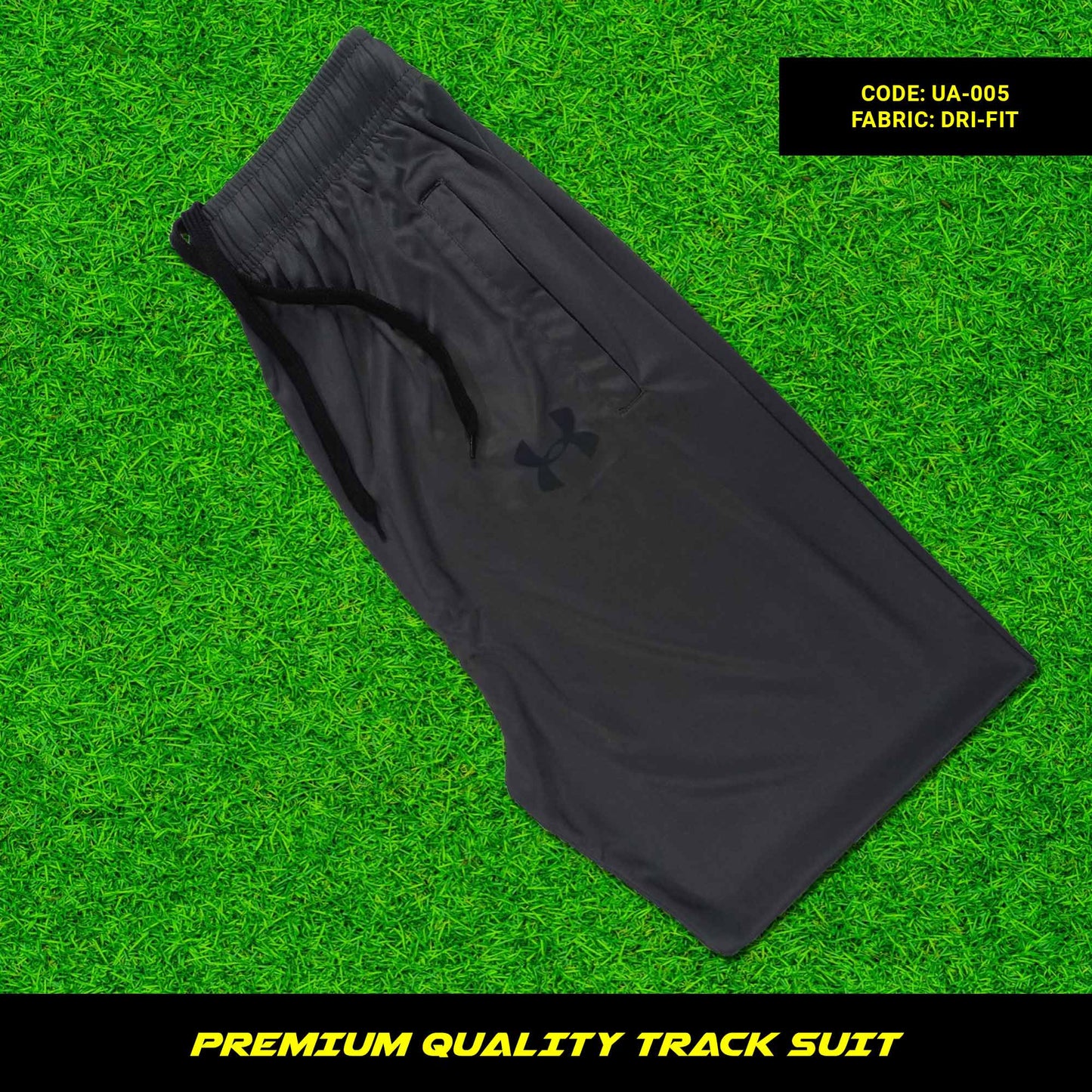 Men's premium dri-fit tracksuit with round neck and half sleeves. Tape to fasten trousers at waist. Loose-fitting. Zipper pockets. Perfect for workouts and casual wear.