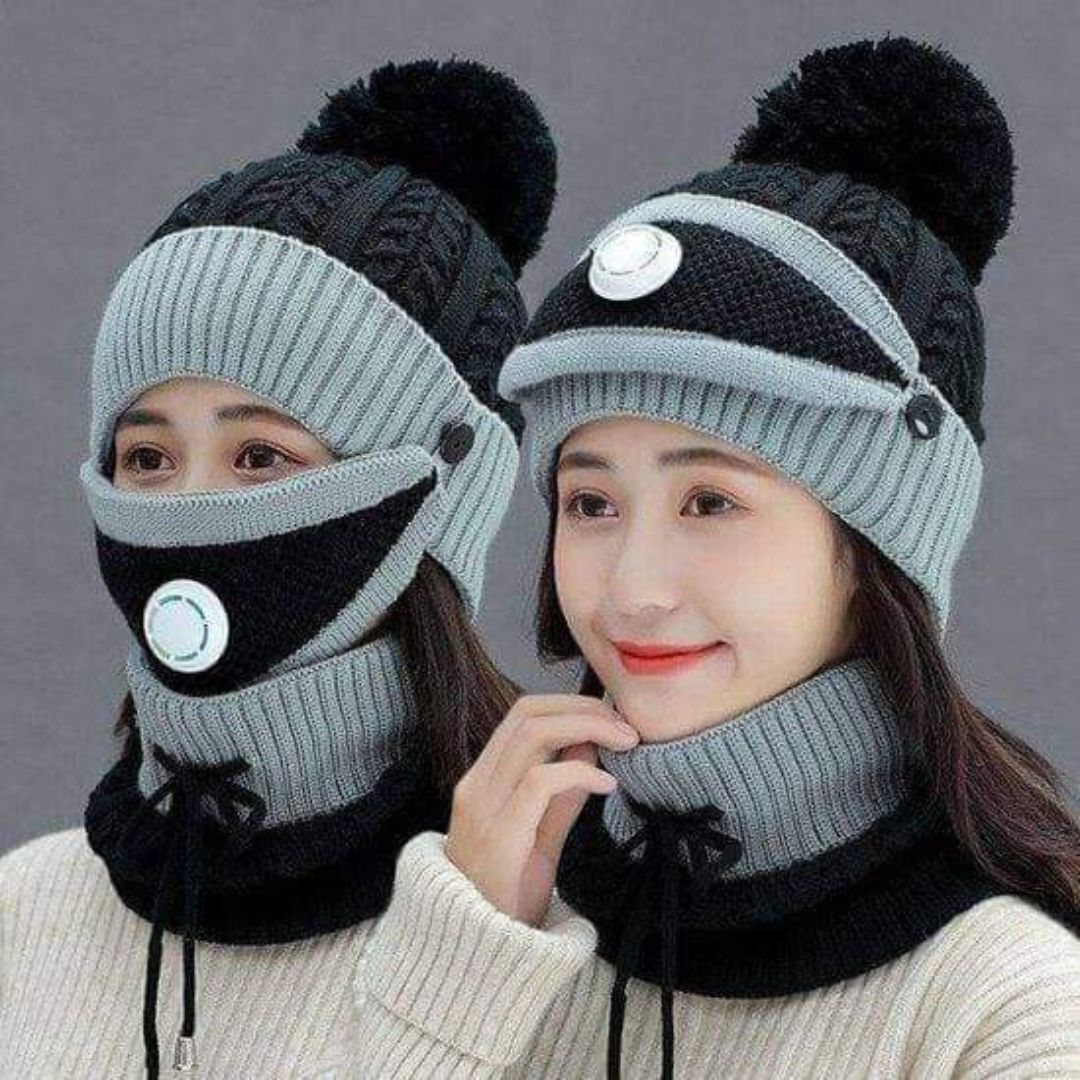 Stylish woman rocking a cozy knit beanie set from Asaan Life - Winter fashion essentials in Pakistan! (https://asaanlife.pk/)