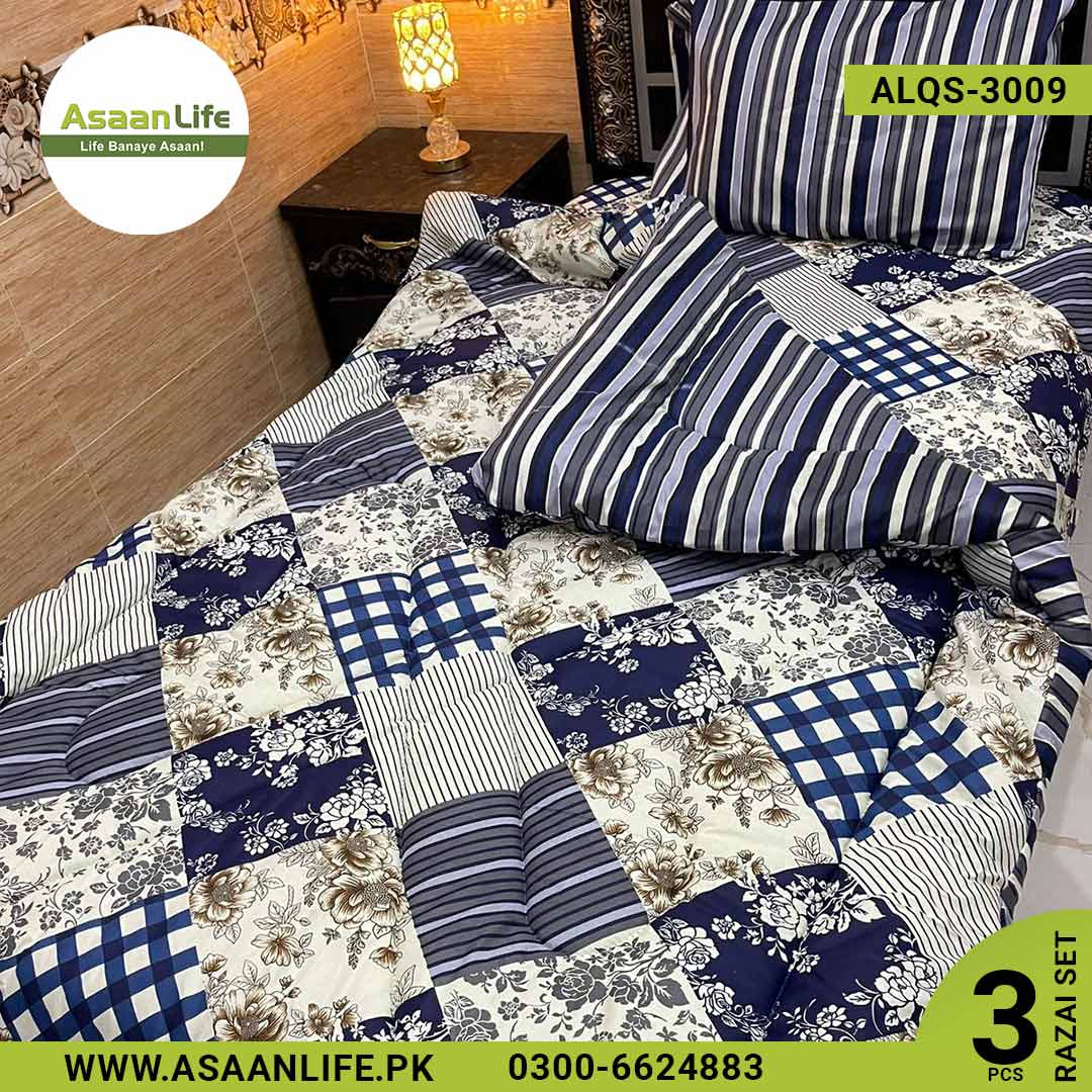 Asaan Life | 3 Pcs Cotton Vicky Razai Set | Single Bed | Charpai | ALQS-3009