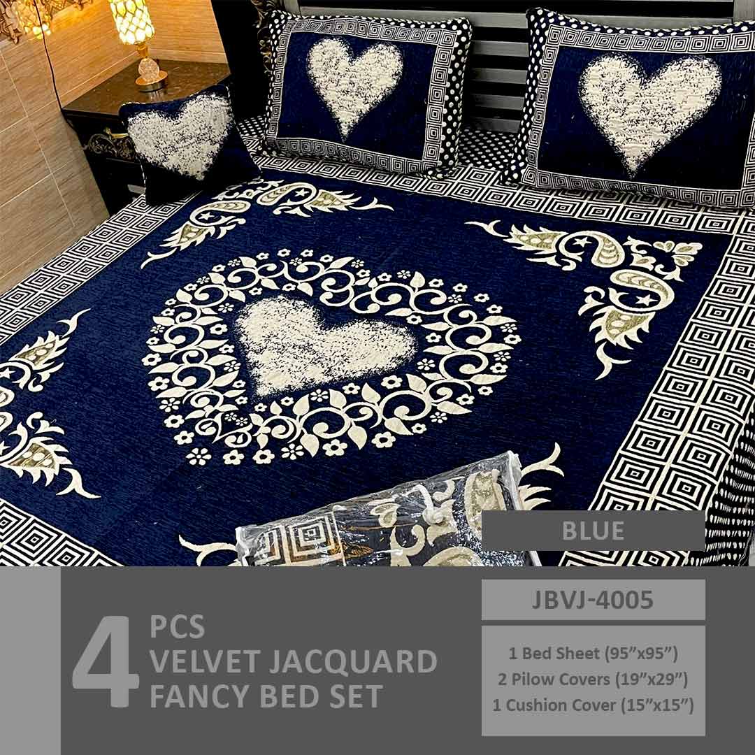 4 Pcs Velvet Jacquard Fancy Bed Set | Blue | JBVJ-4005