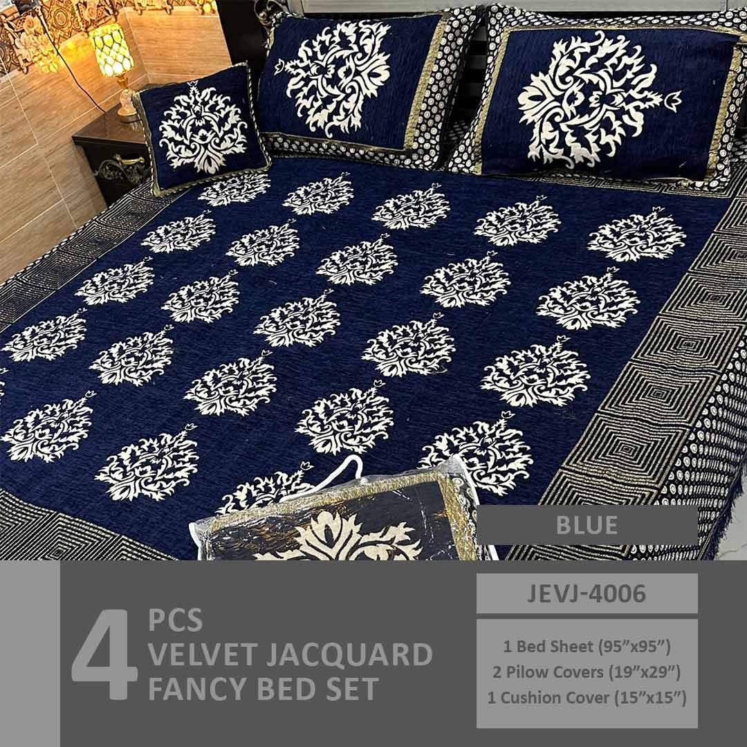 4 Pcs Velvet Jacquard Fancy Bed Set | Blue | JEVJ-4006