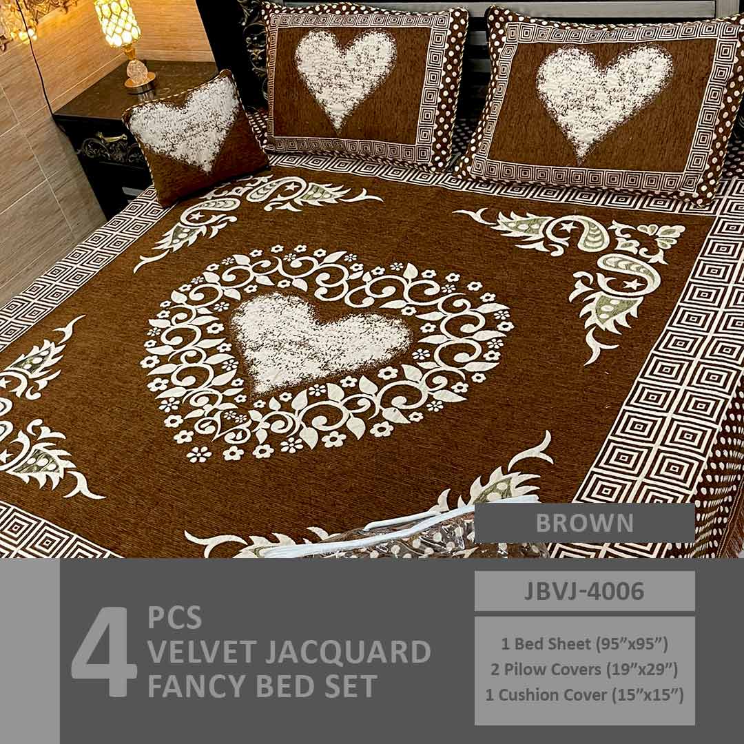 4 Pcs Velvet Jacquard Fancy Bed Set | Brown | JBVJ-4006