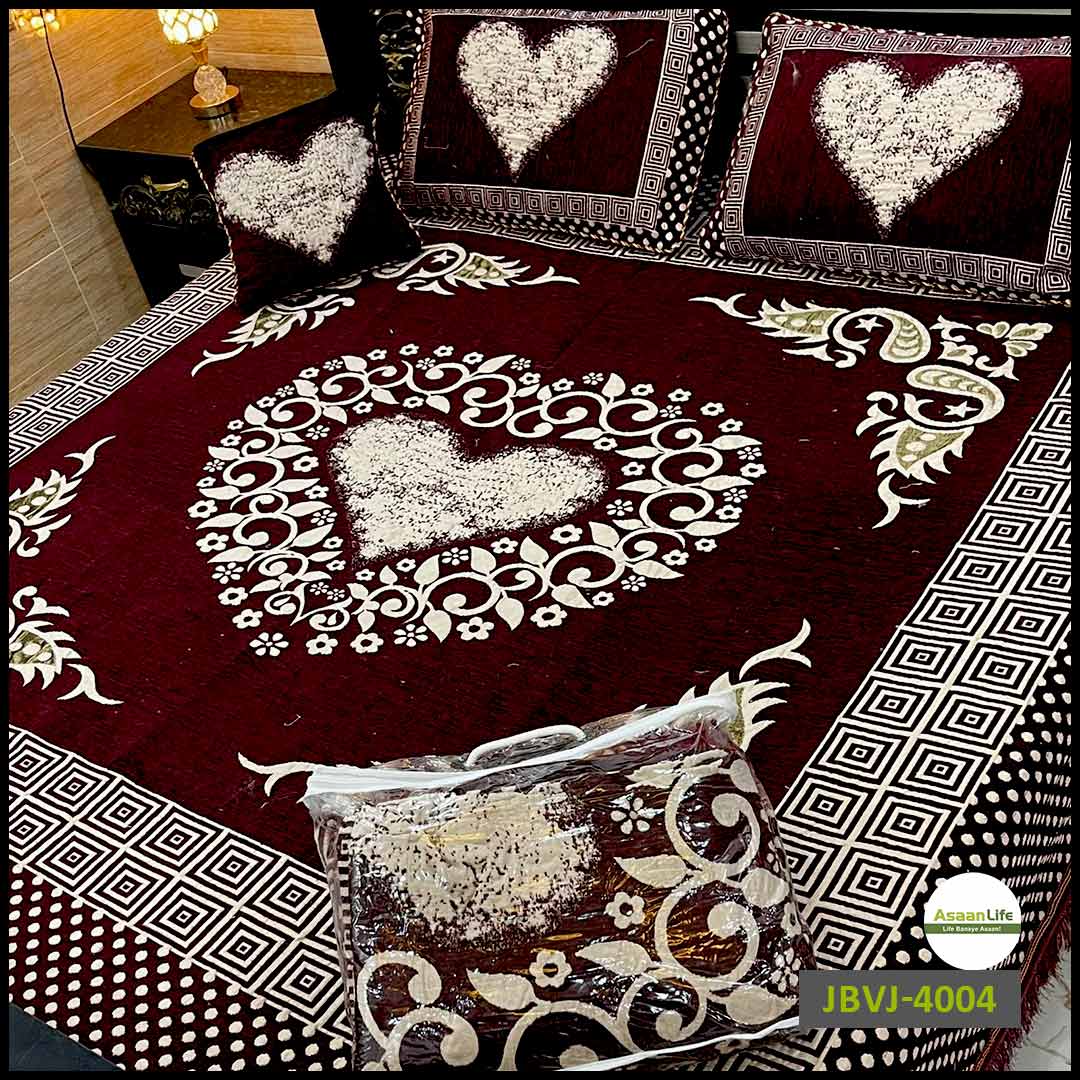4 Pcs Velvet Jacquard Fancy Bed Set | Maroon | JBVJ-4004