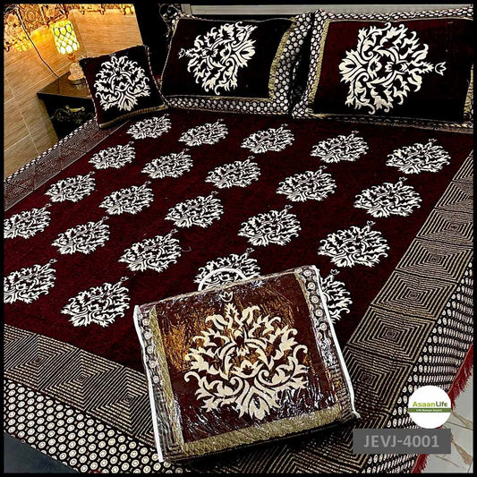 Asaan Life | 4 Pcs Velvet Jacquard Fancy Bed Set