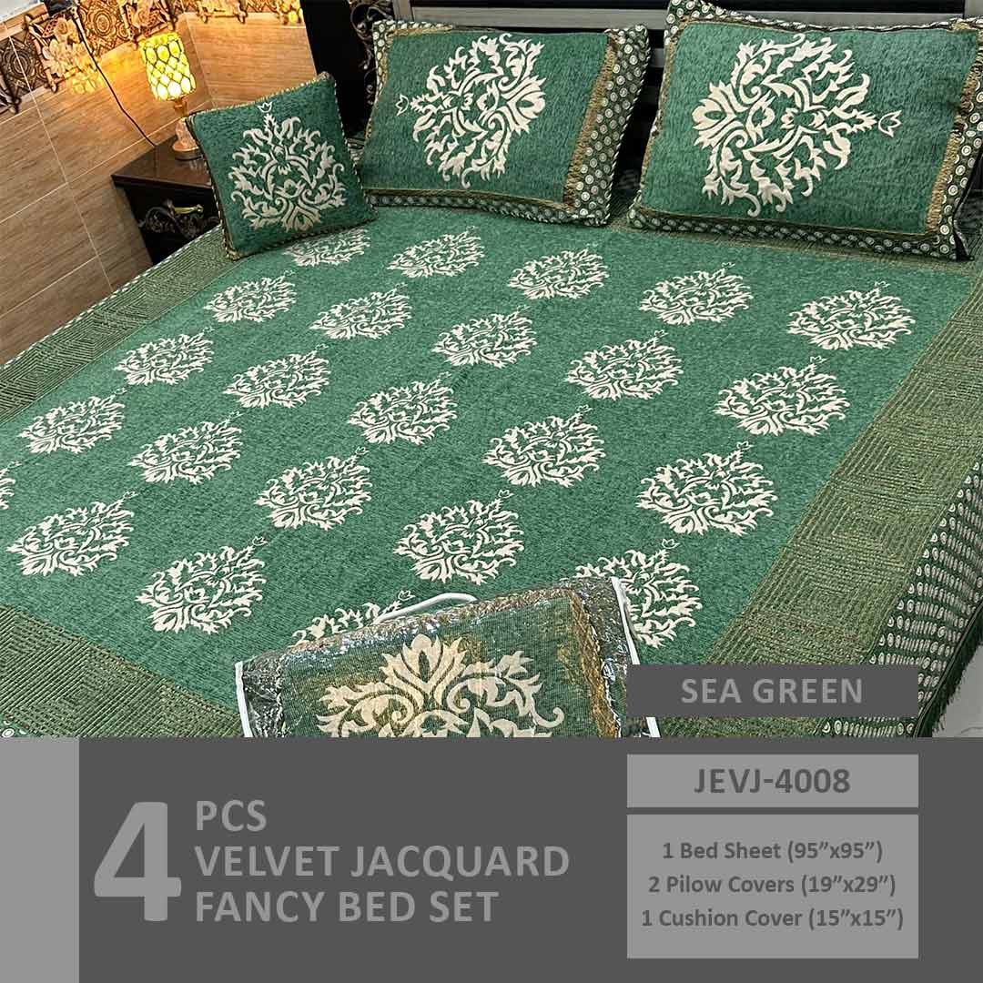 4 Pcs Velvet Jacquard Fancy Bed Set | Sea Green | JEVJ-4008