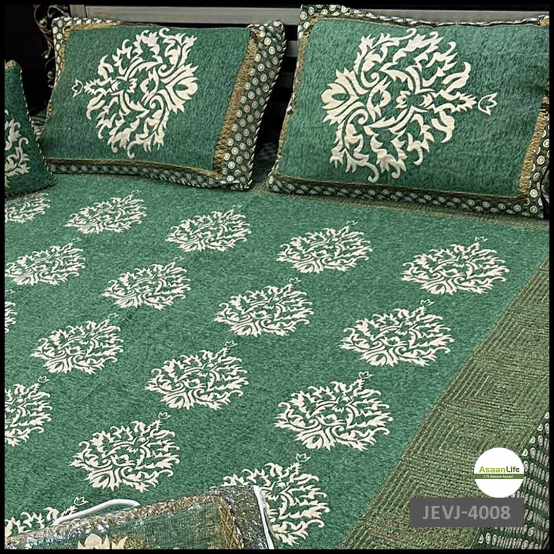 4 Pcs Velvet Jacquard Fancy Bed Set | Sea Green | JEVJ-4008
