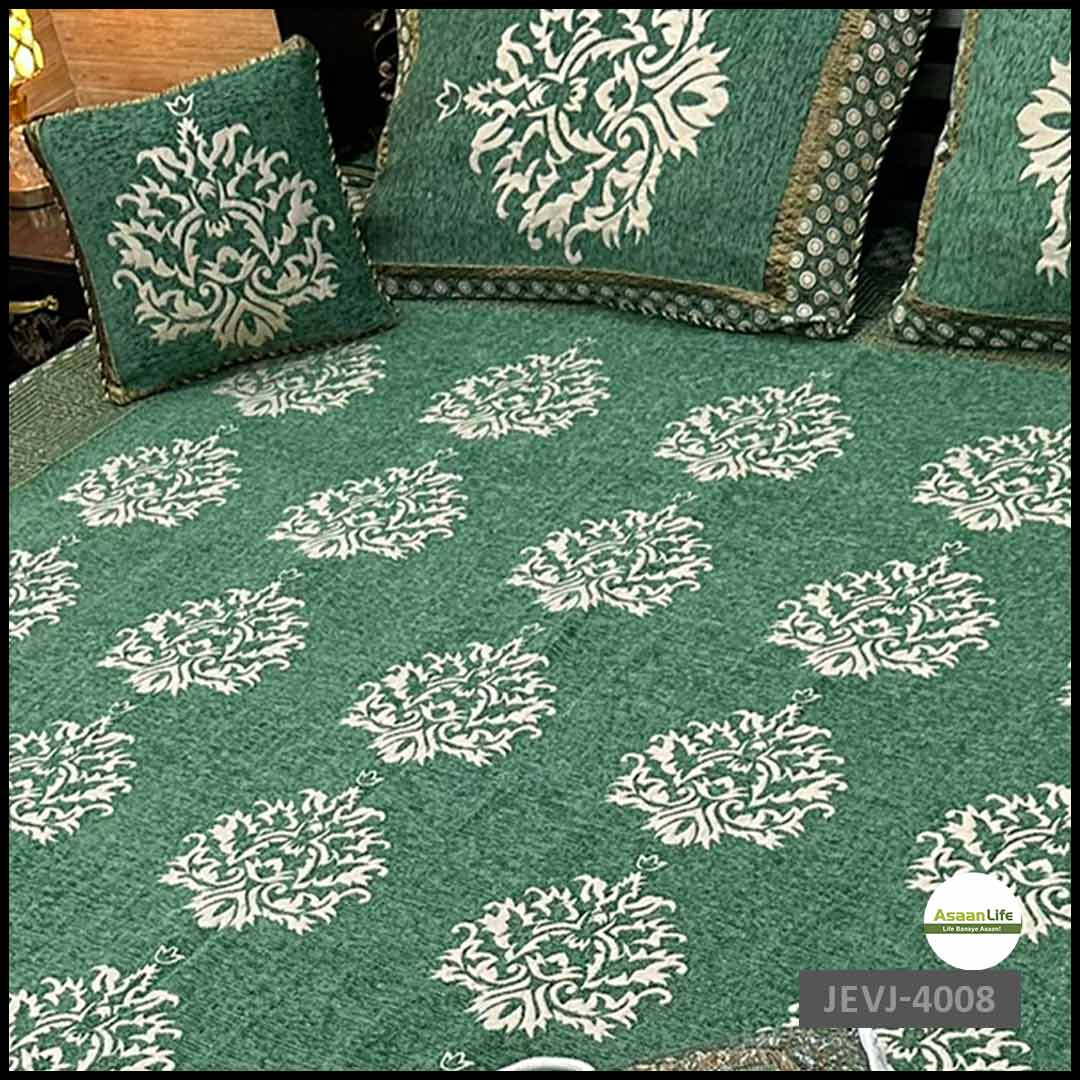 4 Pcs Velvet Jacquard Fancy Bed Set | Sea Green | JEVJ-4008