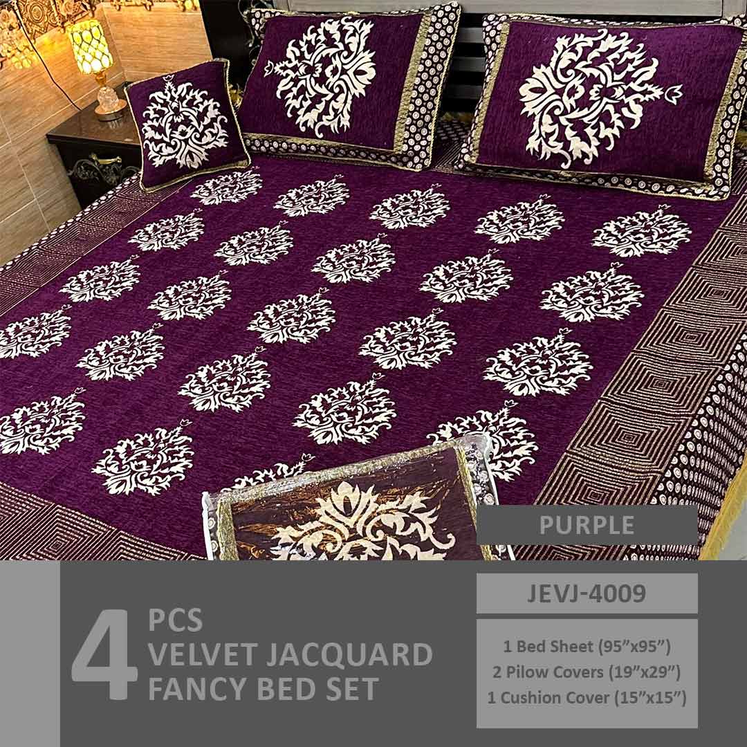 Asaan Life | 4 Pcs Velvet Jacquard Fancy Bed Set
