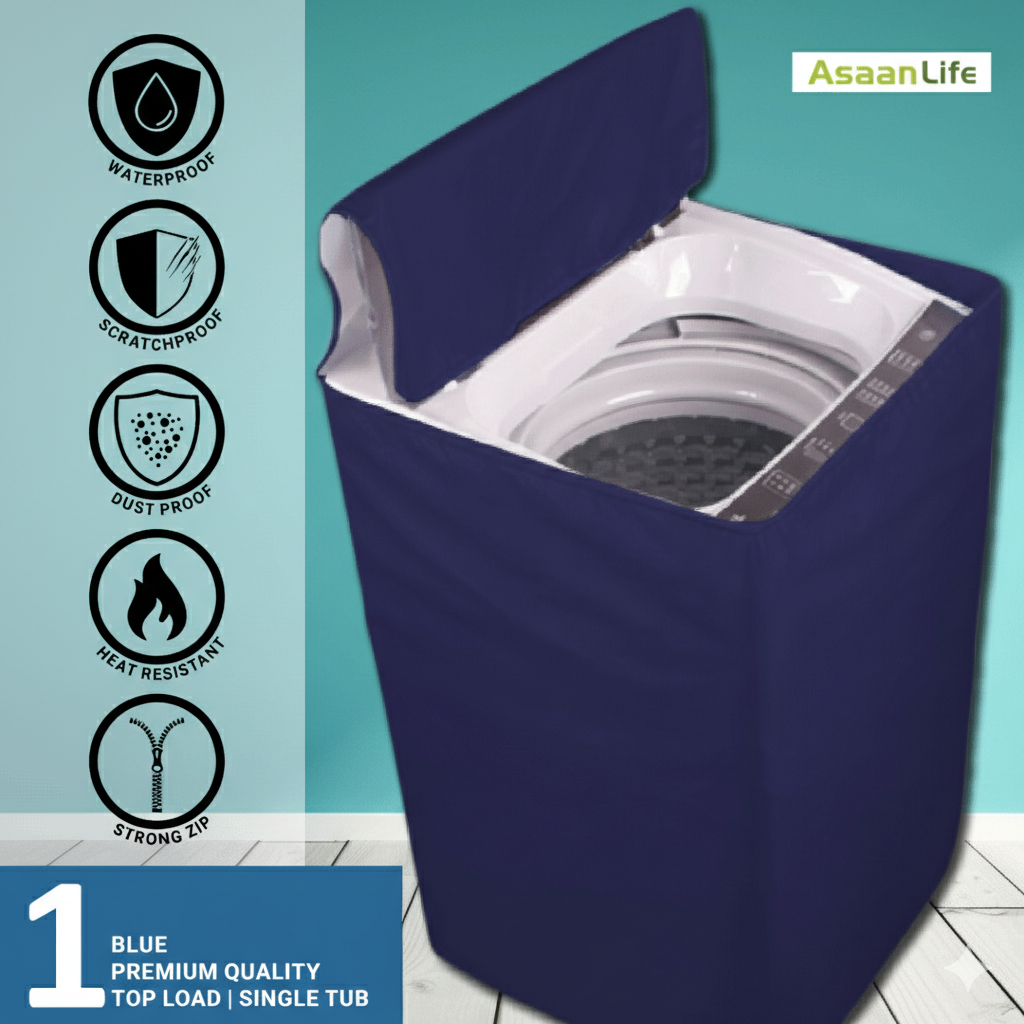 Blue waterproof washing machine cover - full product view