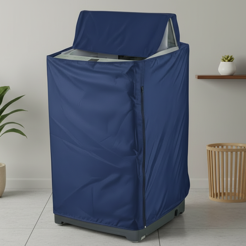 Waterproof top load washing machine cover in navy blue - lifestyle shot in modern laundry room