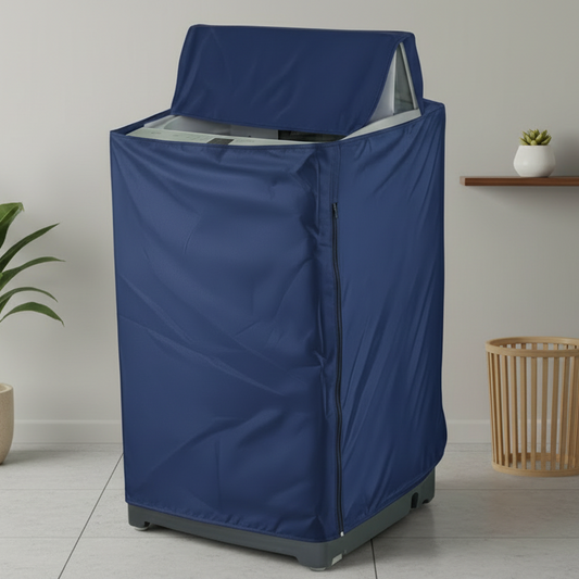 Waterproof top load washing machine cover in navy blue - lifestyle shot in modern laundry room