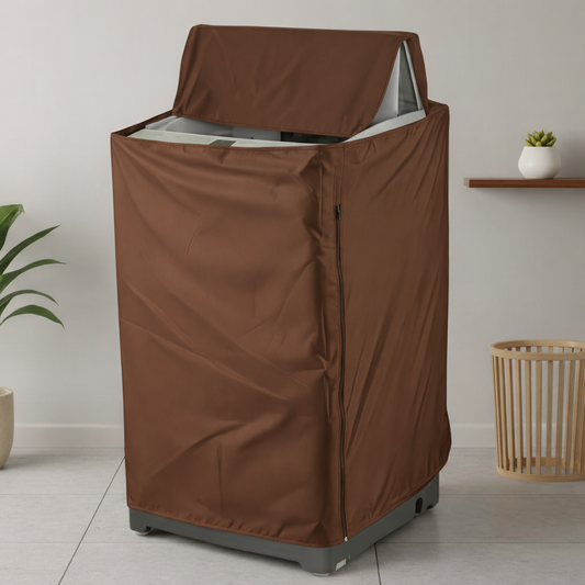 Waterproof top load washing machine cover in rich brown - lifestyle shot in modern laundry room