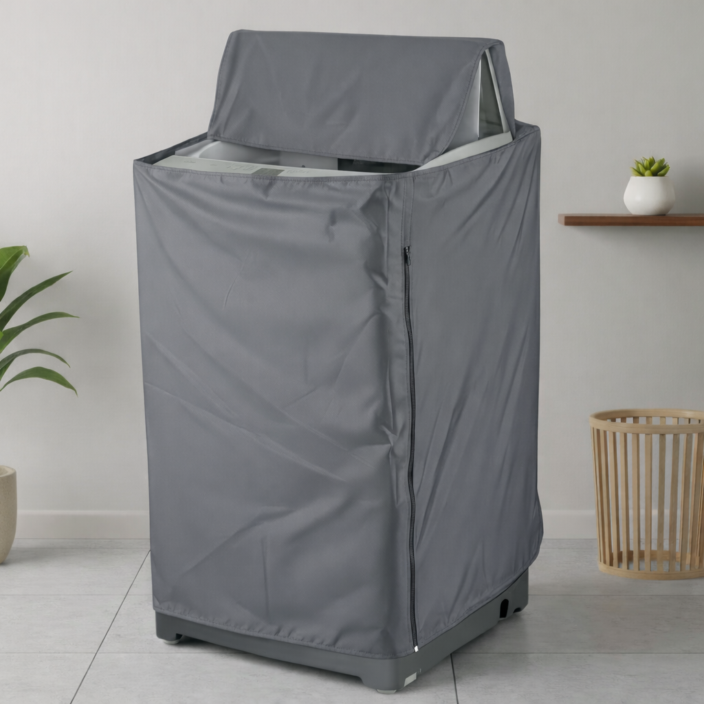 Waterproof top load washing machine cover in elegant grey - lifestyle shot in modern laundry room