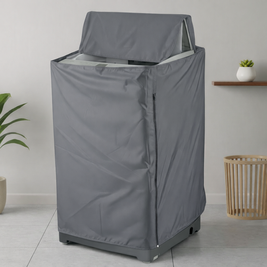 Waterproof top load washing machine cover in elegant grey - lifestyle shot in modern laundry room