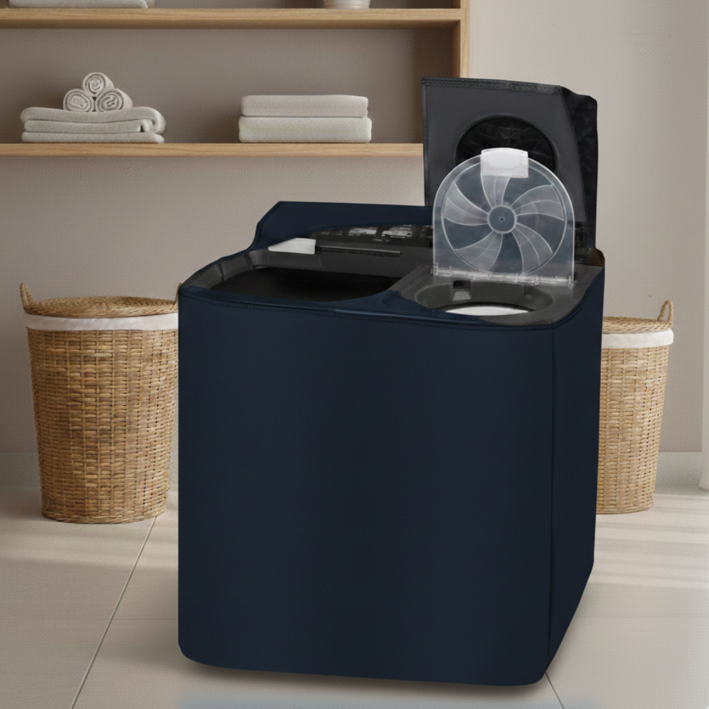 Waterproof twin tub washing machine cover in vibrant blue - lifestyle shot in modern laundry room