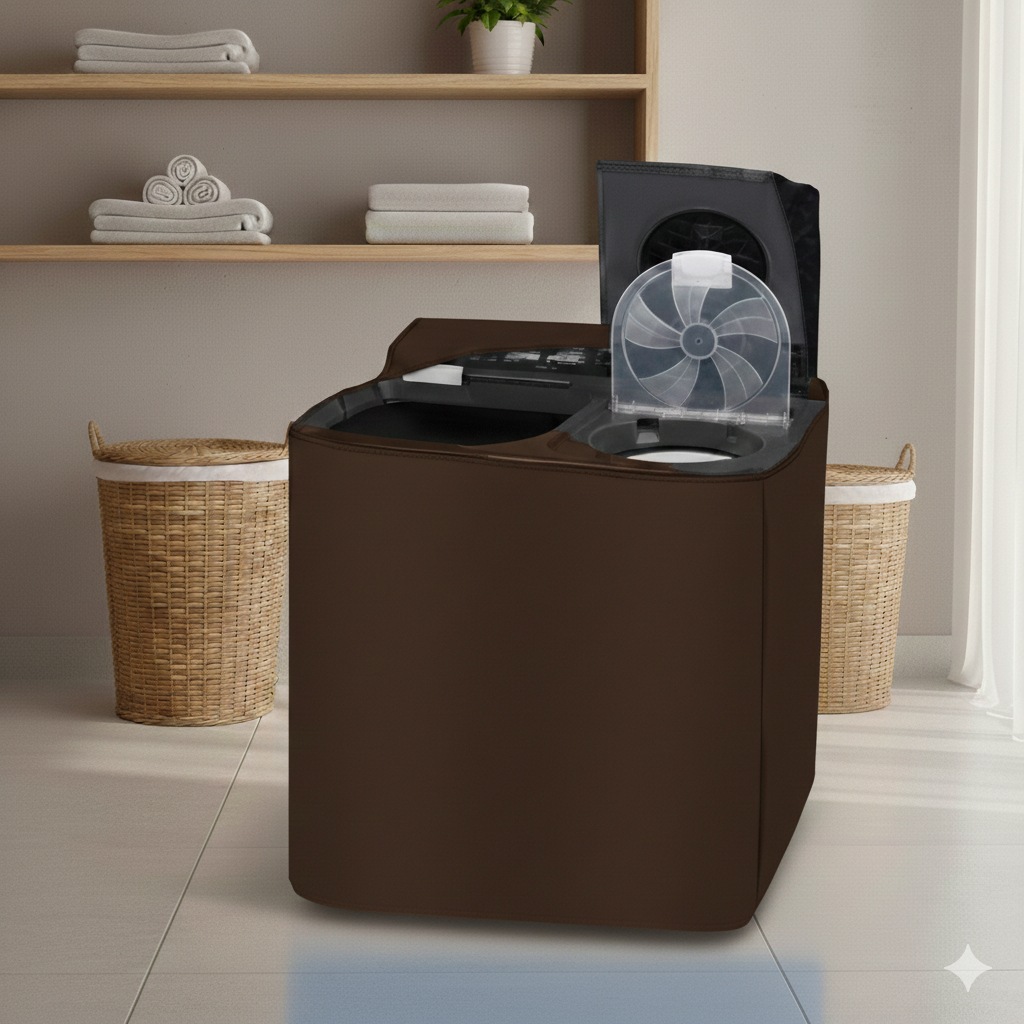 Waterproof twin tub washing machine cover in rich brown - lifestyle shot in modern laundry room