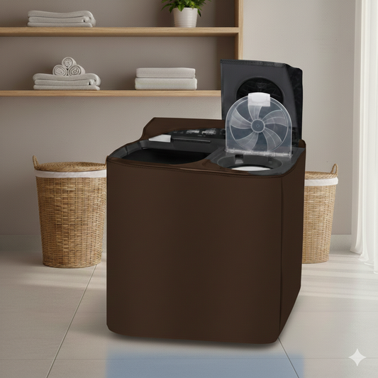 Waterproof twin tub washing machine cover in rich brown - lifestyle shot in modern laundry room