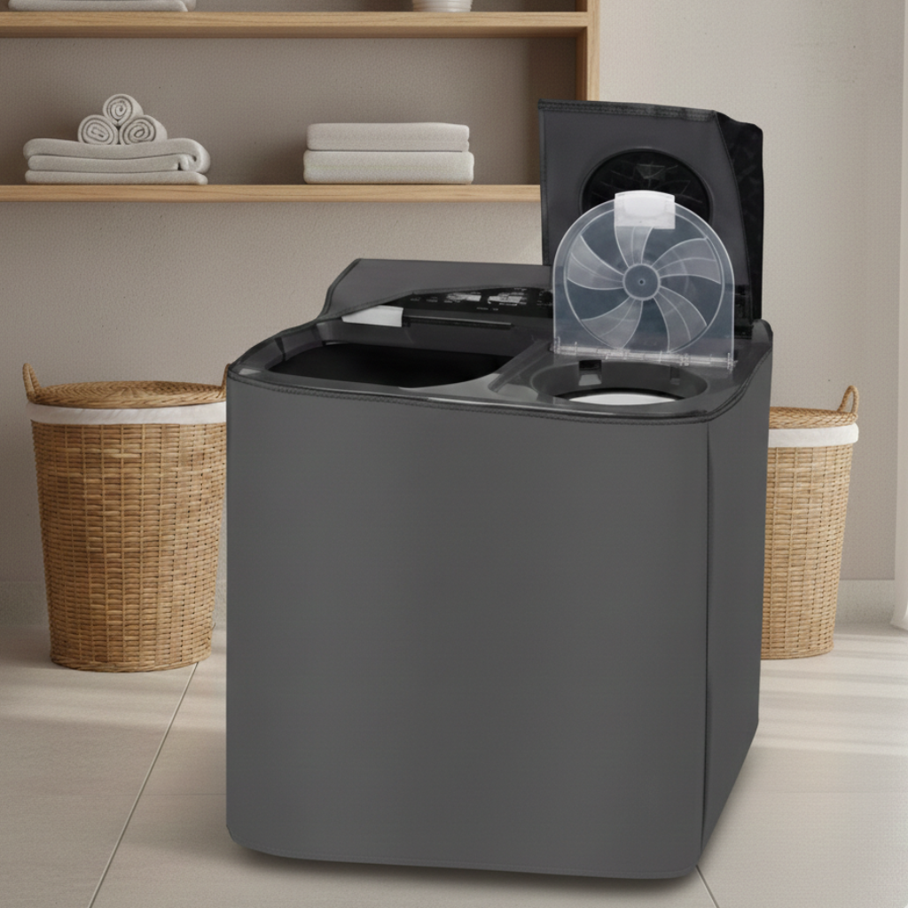 Waterproof twin tub washing machine cover in elegant grey - lifestyle shot in modern laundry room