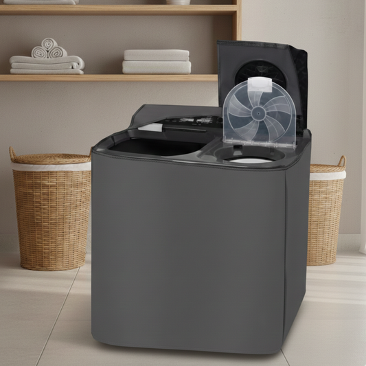 Waterproof twin tub washing machine cover in elegant grey - lifestyle shot in modern laundry room
