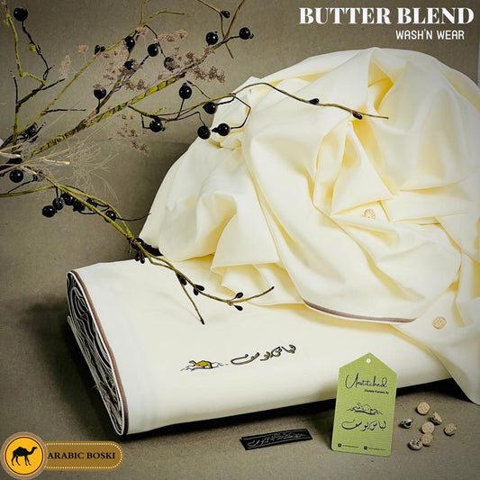 Libas-e-Yousaf Butter Blend fabric for all seasons. Premium quality wash and wear Boski fabric with silky soft feel. Silk less, luxurious and comfortable. 4 meters long and 52 inches wide. Comes with branded packaging and accessories. Available online at best price in Pakistan.