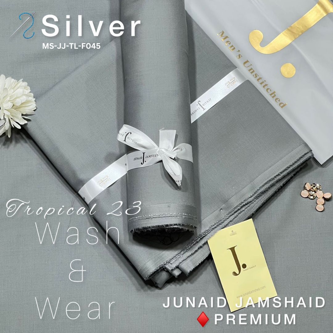 J Dot Premium Summer Tropical Unstitched Suit for Men | Silver | MS-JJ-WW-F045