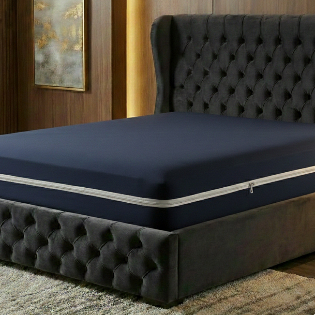 Waterproof zipper mattress protector king size in navy blue color on bed