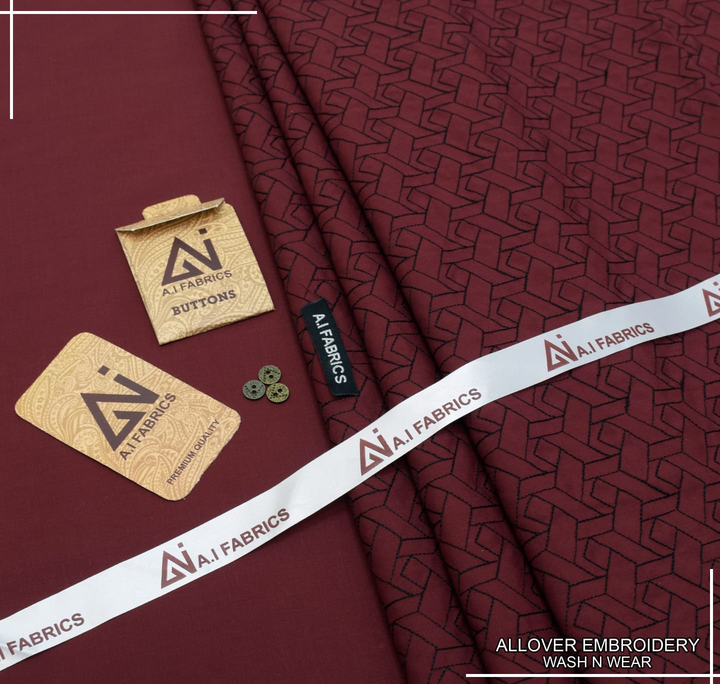 AI Fabrics Allover Embroidered Unstitched Suit for Men | Maroon | AFEW-02