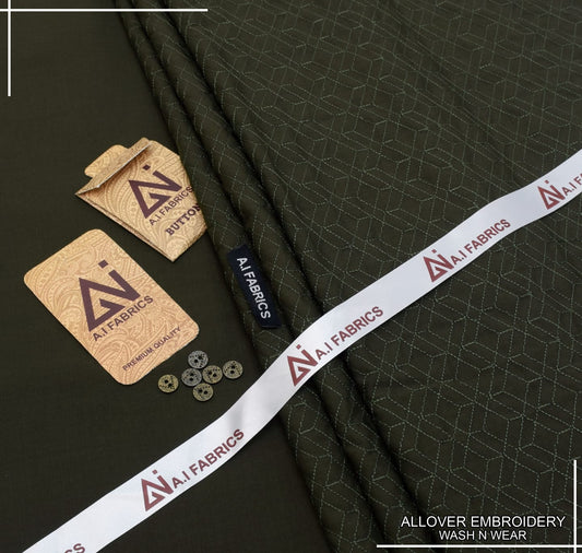 AI Fabrics Allover Embroidered Unstitched Suit for Men | Olive Green | AFEW-06