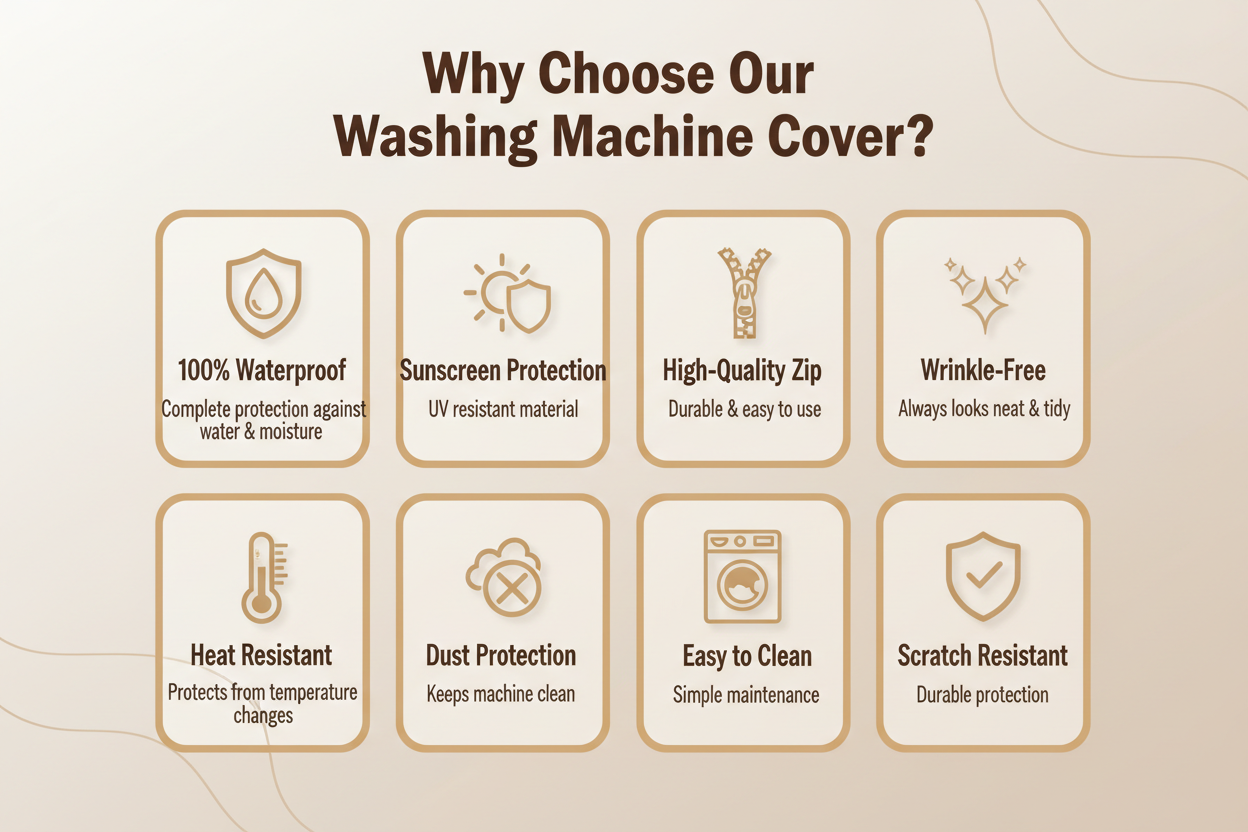 Washing machine cover key features infographic - 8 benefits